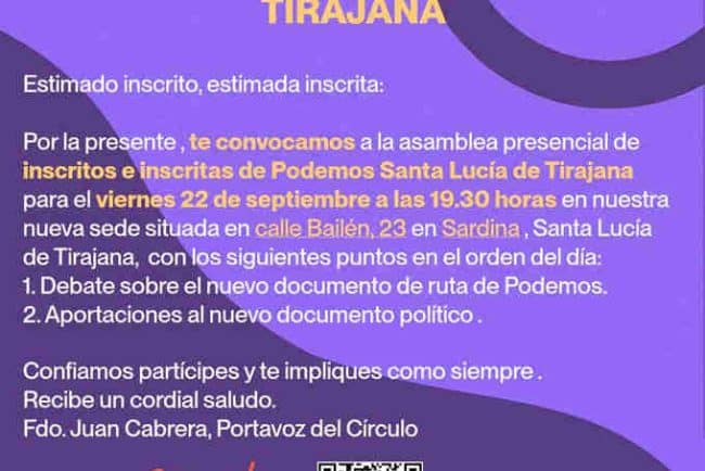 CONVOCATORIA INSCRITOS/AS CIRCULO PODEMOS SANTA LUCÍA DE TIRAJANA